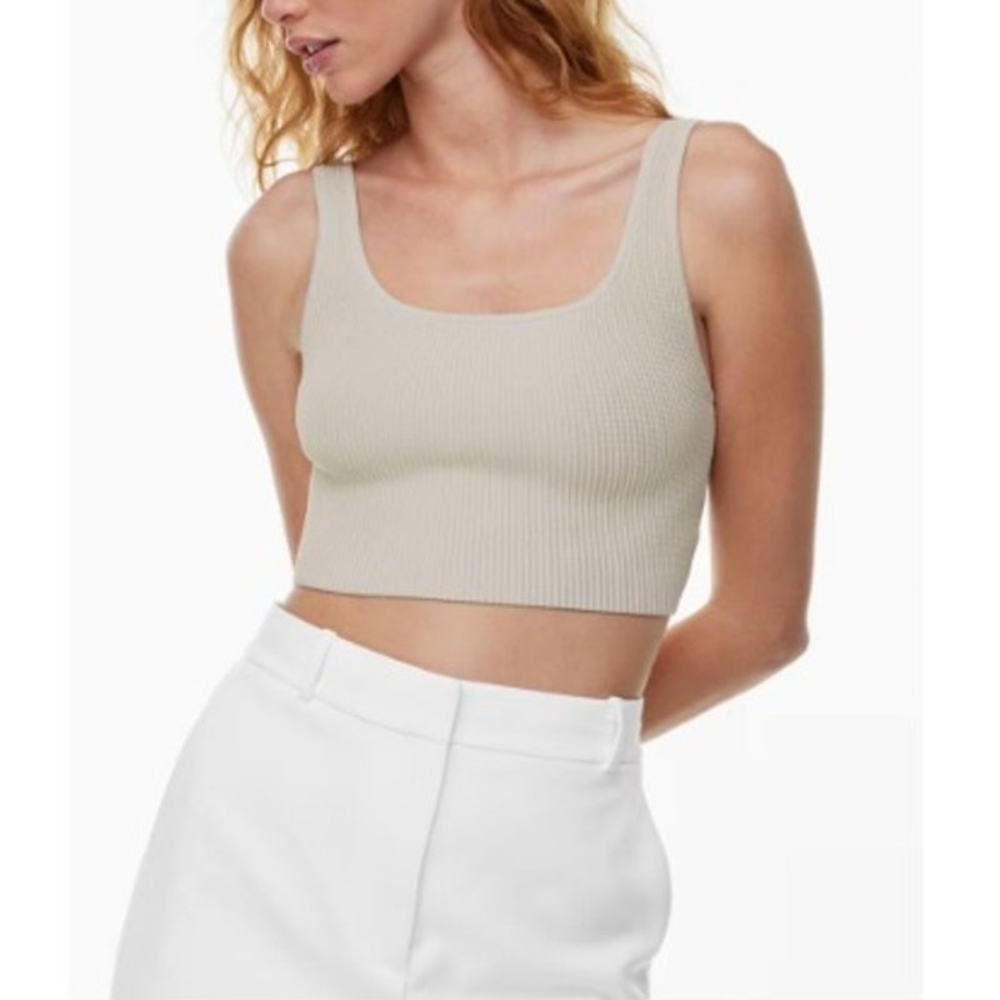 Aritzia Babaton Scoop Neck Sculpt Ribbed Knit Cropped Tank Top Beige Women Small